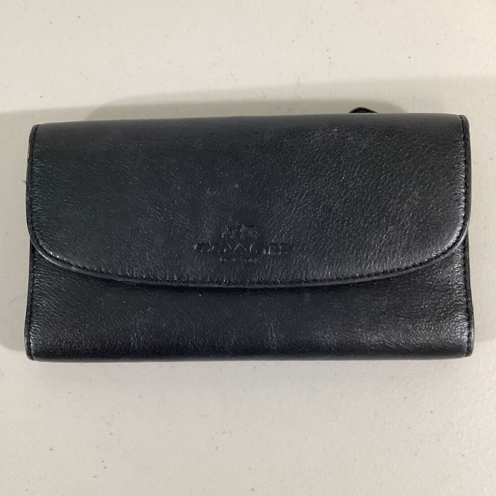 Coach Large Trifold Soft Black Saddle Pebble Leather Checkbook Wallet